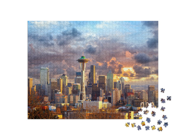 Puzzle 1000 Teile „Skyline von Seattle bei Sonnenuntergang, USA“