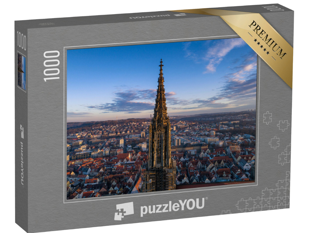 Puzzle 1000 Teile „Ulmer Münster bei Sonnenaufgang, Drohnenaufnahme, Deutschland“