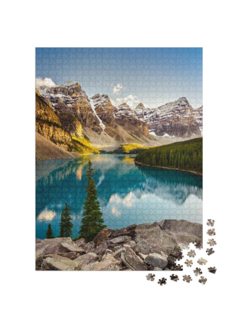 Puzzle 1000 Teile „Der Moraine See im Sonnenuntergang der kanadischen Rocky Mountains“