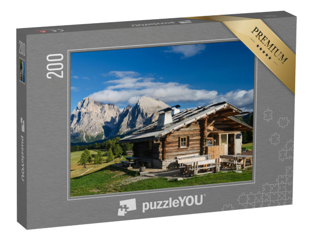 Puzzle 200 Teile „Hütte auf der Seiser Alm mit Plattkofel und Langkofel, Südtirol“