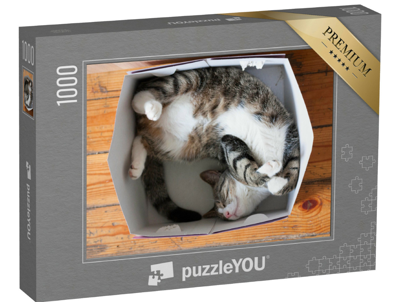 Puzzle 1000 Teile „Gestreifte schlafende Katze, Pappschachtel als Bett“