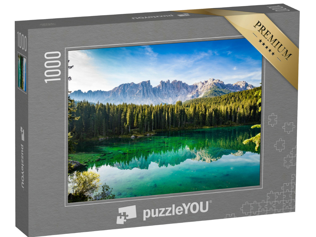 Puzzle 1000 Teile „Sonniger Morgen am Karersee bei Sonnenaufgang, Südtirol, Italien“