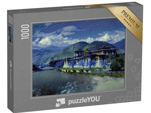 Puzzle 1000 Teile „im Kunst-Stil von van Gogh, Sternennacht - Punakha Dzong in Punakha, Bhutan“