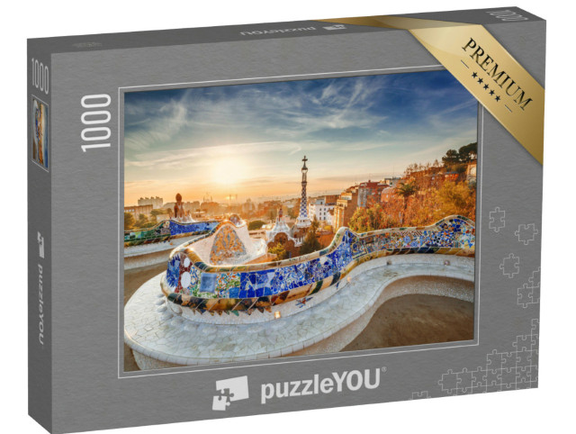 Puzzle 1000 Teile „Sonnenaufgang im Park Güell mit Blick auf Barcelona“
