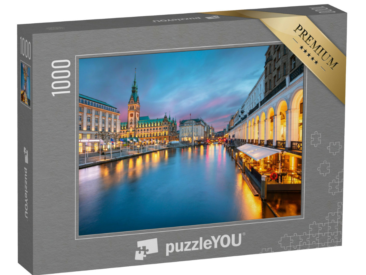 Puzzle 1000 Teile „Hamburger Rathaus und Alster im Sonnenuntergang“
