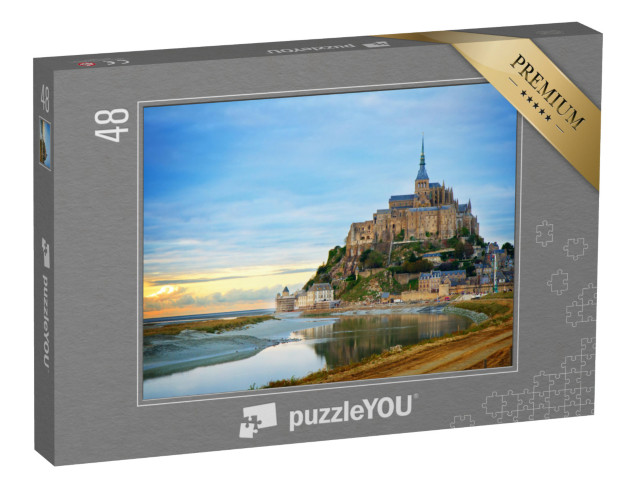 Puzzle 48 Teile „Le Mont-Saint-Michel, Stadt bei Sonnenuntergang, Bretagne Frankreich, getönt“