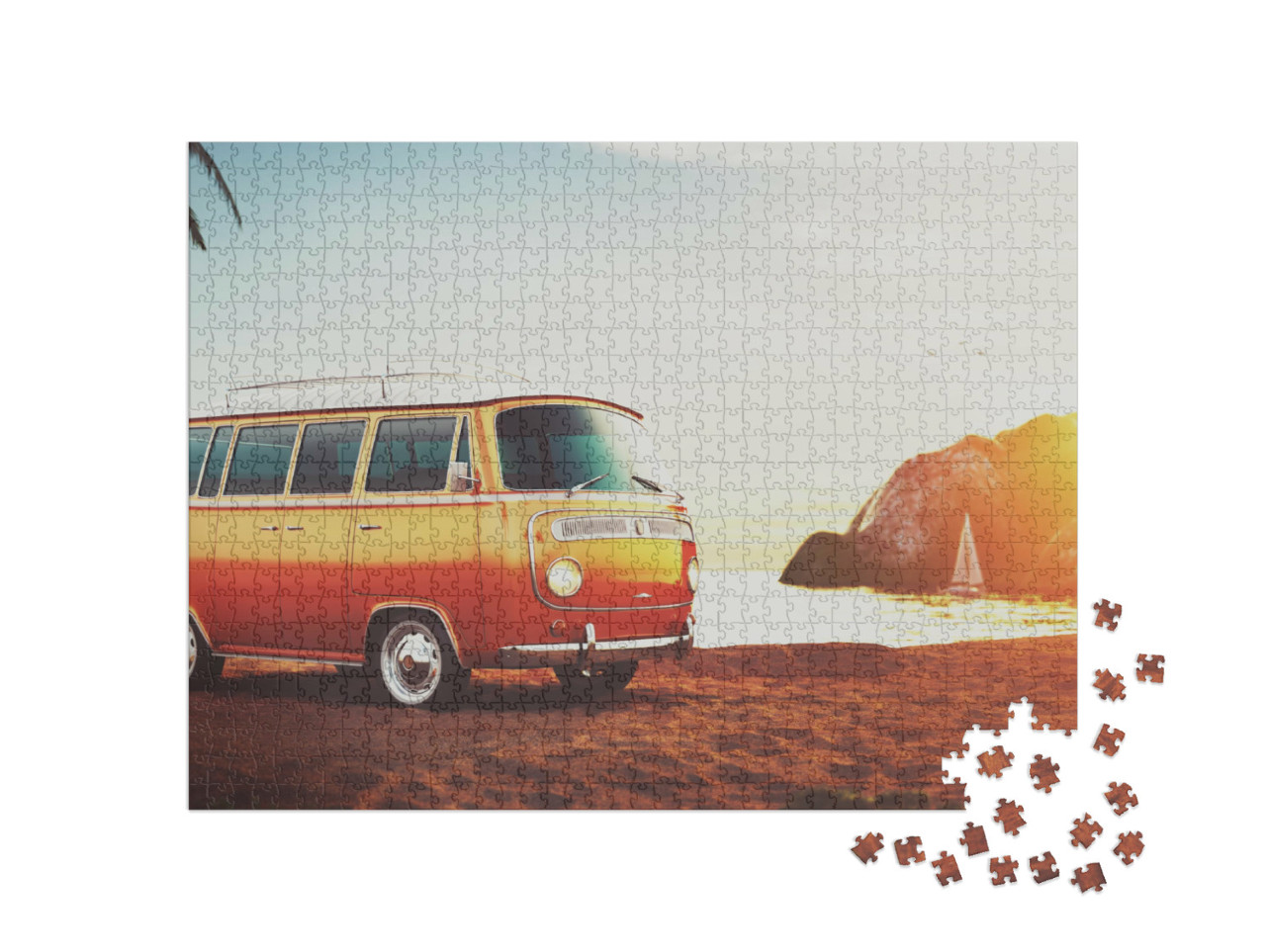 Puzzle 1000 Teile „Retro-Bus am Strand im Sonnenuntergang“