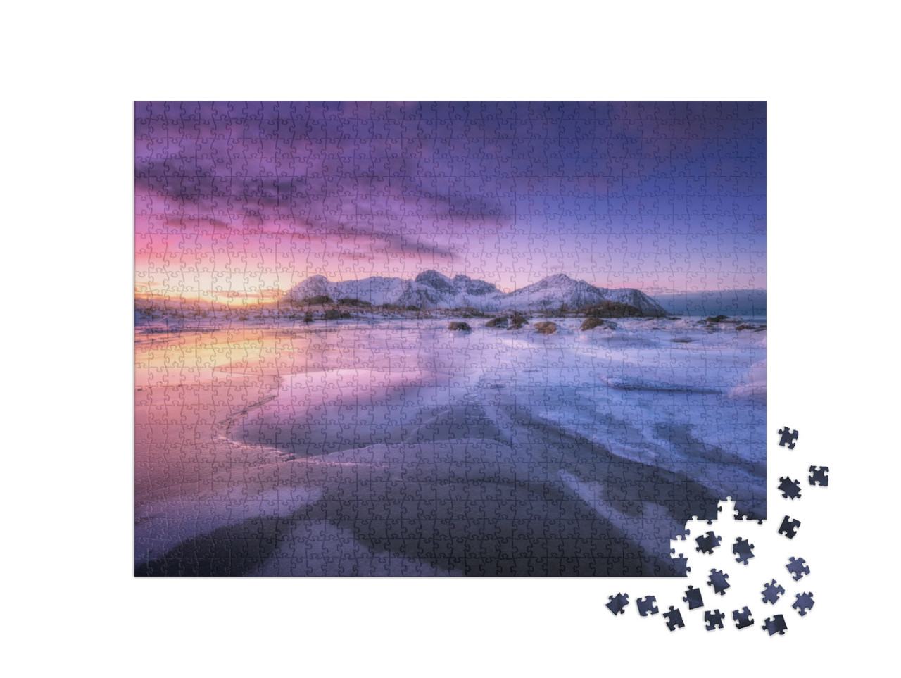 Puzzle 1000 Teile „Eisige Meeresküste bei buntem Sonnenuntergang, Lofoten, Norwegen“