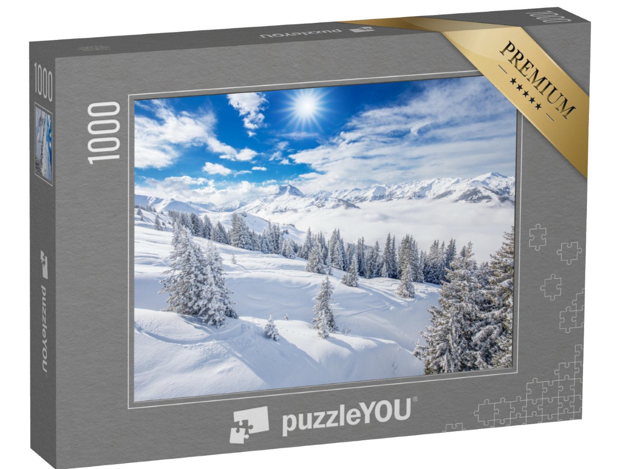 Puzzle 1000 Teile „Bäume bedeckt mit frischem Schnee in den Alpen, Winterzauber“