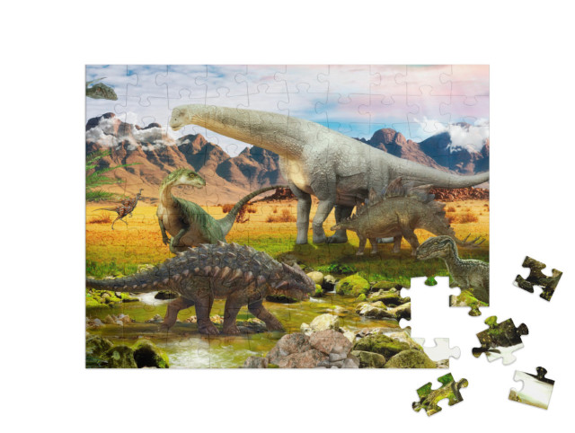 Puzzle 100 Teile „Illustration: Dinosaurier, Park am See“