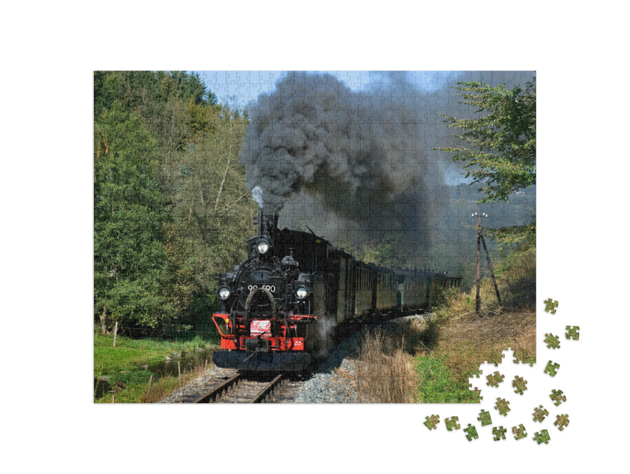 Puzzle 1000 Teile „Nostalgische Zugfahrt zwischen Steinbach und Jöhstadt, Sachsen, Deutschland“