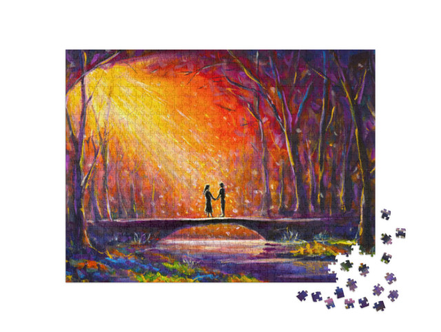Puzzle 1000 Teile „Original Ölgemälde: Liebespaar auf Brücke “