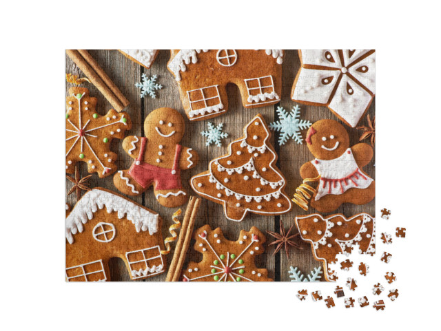 Puzzle 1000 Teile „Hausgemachte, weihnachtliche Lebkuchenmännchen auf Holztisch“