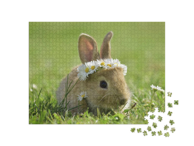 Puzzle 1000 Teile „Süßes kleines Kaninchen mit Gänseblümchenkranz“