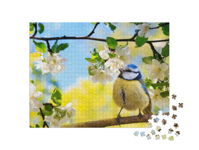 Puzzle 1000 Teile „Blaumeise auf einem Zweig eines Apfelbaums“