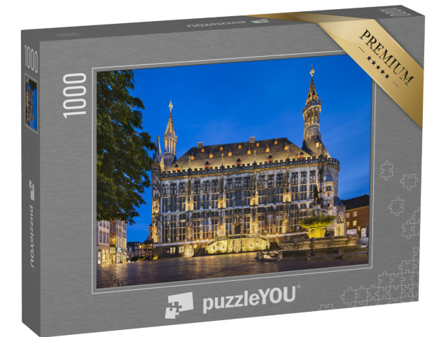 Puzzle 1000 Teile „Das berühmte alte Rathaus von Aachen bei nachtblauem Himmel“