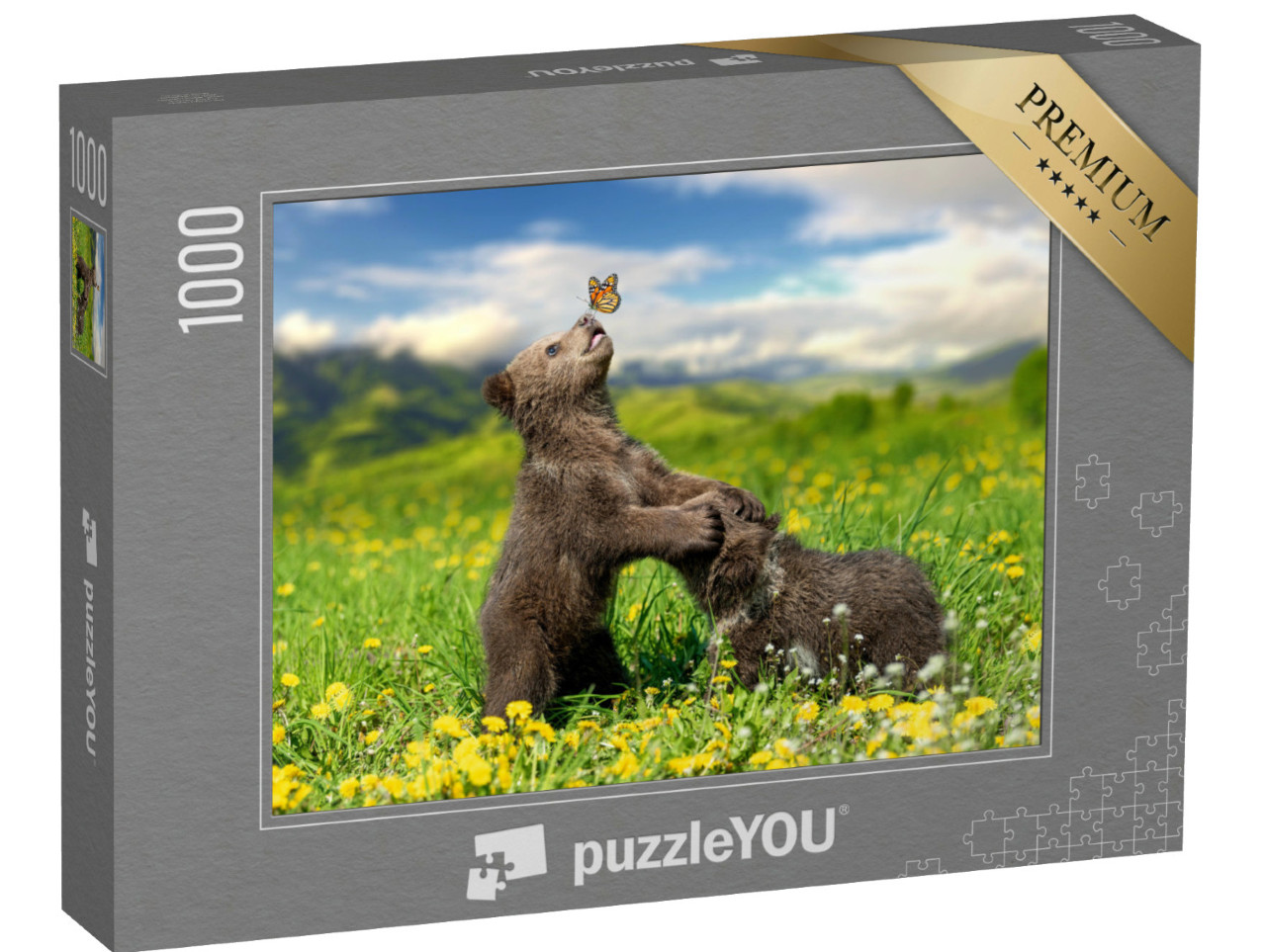 Puzzle 1000 Teile „Spielende Braunbärenjunge mit Schmetterling“