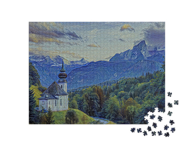Puzzle 1000 Teile „im Kunst-Stil von van Gogh, Sternennacht - Watzmann mit Kirche Maria Gern“