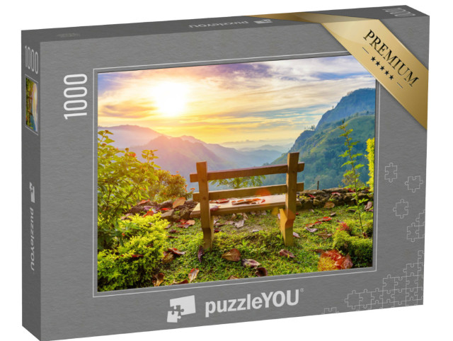 Puzzle 1000 Teile „Eine Bank mit Blick auf das schöne Bergtal in der Morgendämmerung, Ella, Sri Lanka“