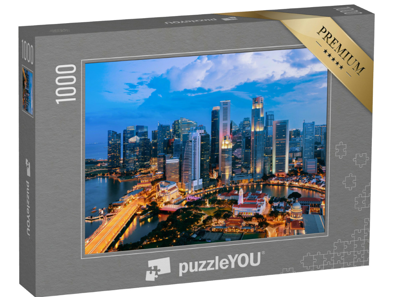 Puzzle 1000 Teile „Stadt Singapur bei Abenddämmerung: Gebäude der Marina Bay“