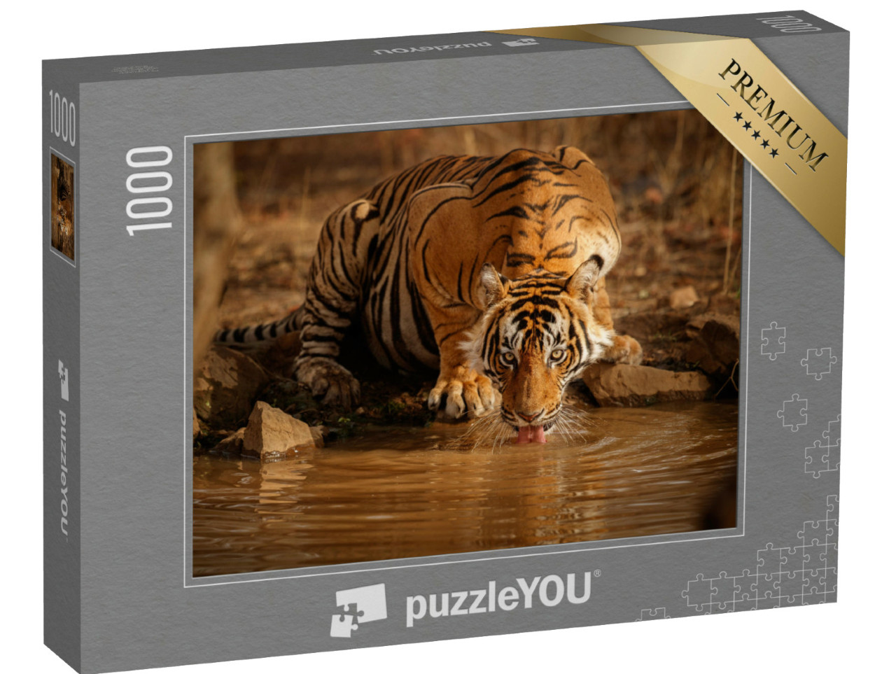 Puzzle 1000 Teile „Tiger in der Natur: Tigermännchen trinkt Wasser in Rajasthan, Indien“