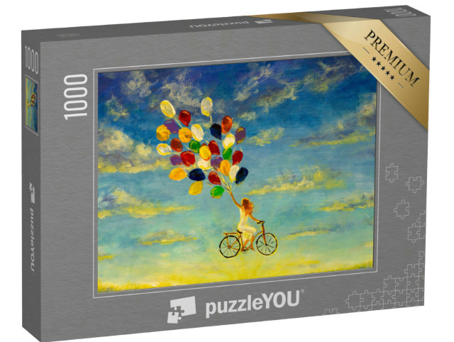 Puzzle 1000 Teile „Mädchen auf Fahrrad fliegt an bunten Luftballons durch den Himmel“