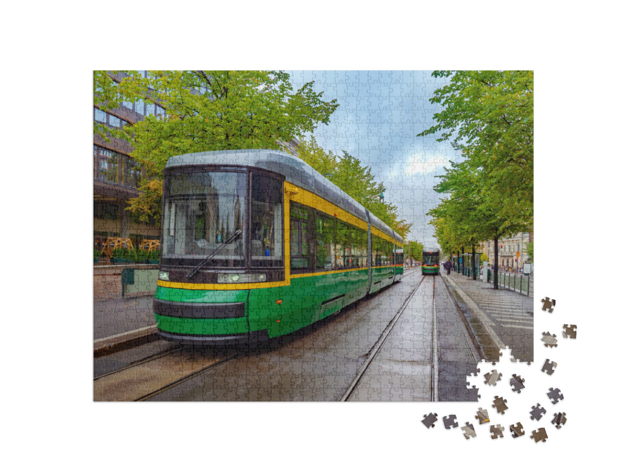 Puzzle 1000 Teile „Moderne Straßenbahn auf der Straße in Helsinki, Finnland“