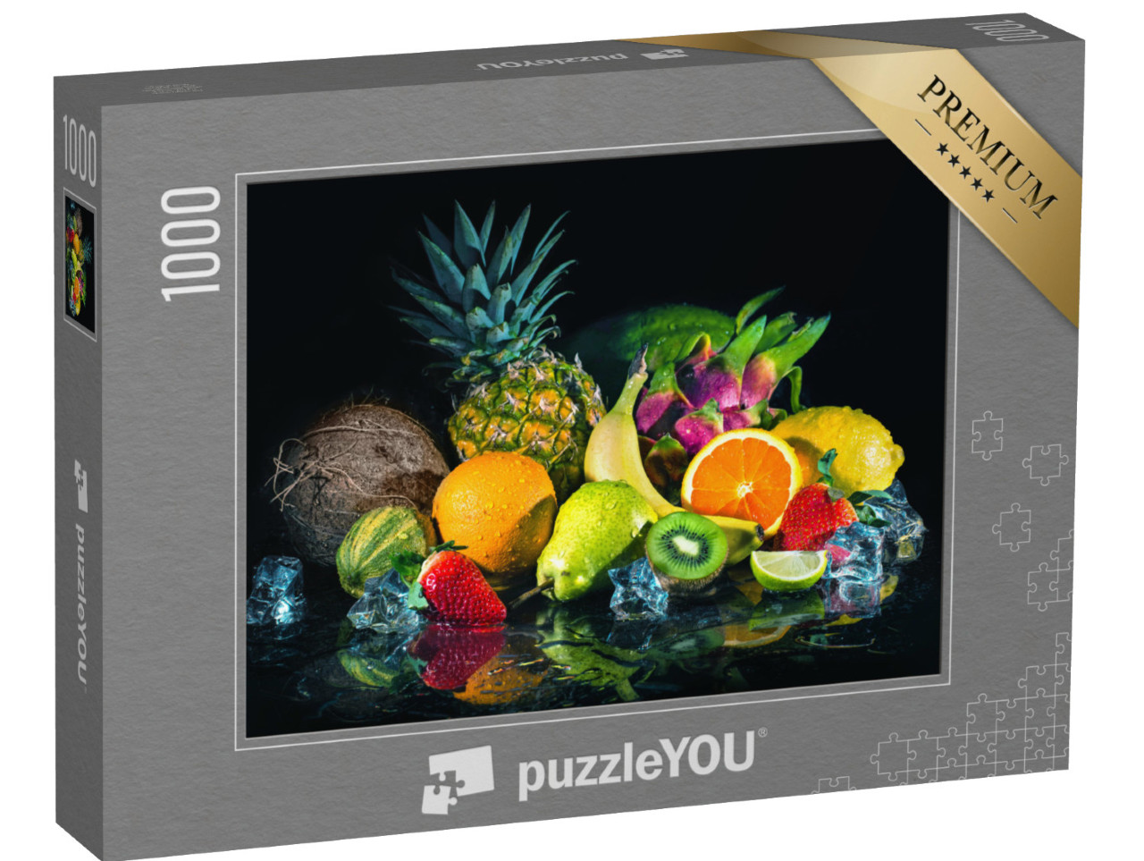 Puzzle 1000 Teile „Früchte auf schwarzem Hintergrund mit Wasserspritzern“