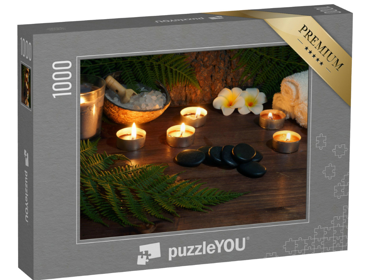 Puzzle 1000 Teile „Steine für die heiße Massage werden auf dem Tisch vorbereitet “