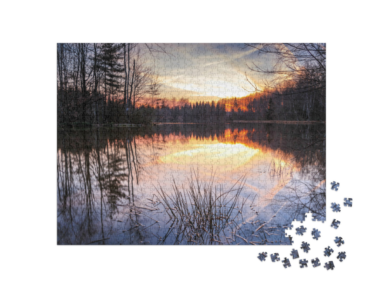 Puzzle 1000 Teile „Sonnenuntergang über einem Bergsee im Erzgebirge, Schneeberg“