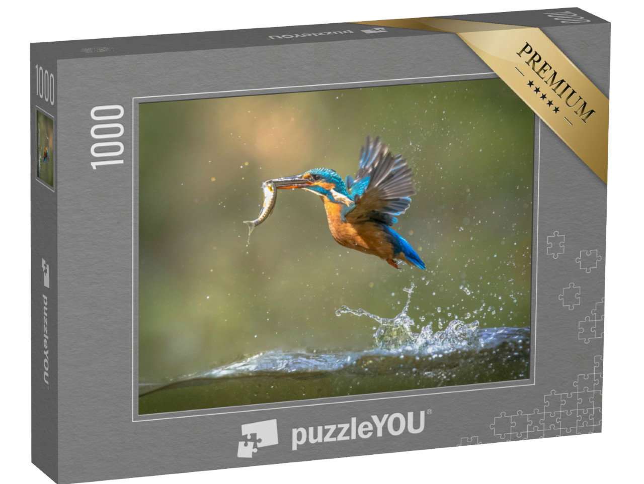 Puzzle 1000 Teile „Eisvogel mit Fisch im Schnabel taucht auf“