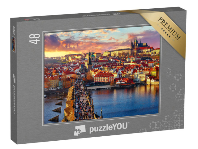 Puzzle 48 Teile „Panoramablick von oben auf Karlsbrücke, Prager Burg und Fluss“