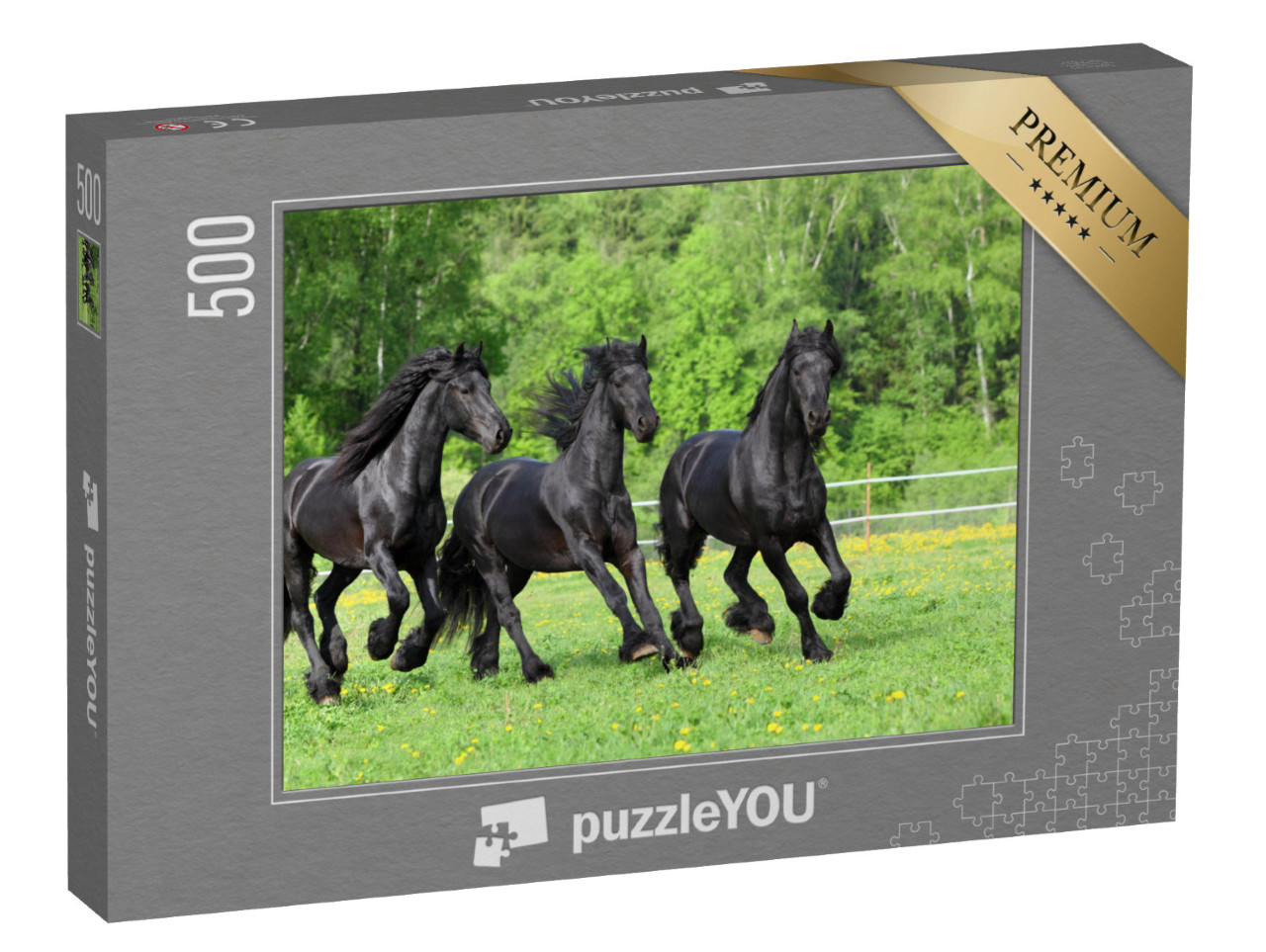 Puzzle 500 Teile „Friesische Pferde galoppieren auf der Weide“