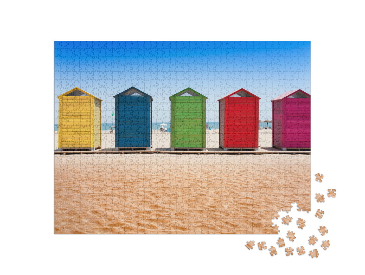 Puzzle 1000 Teile „Bunte Strandhütten am Strand von Patacona, Valencia“