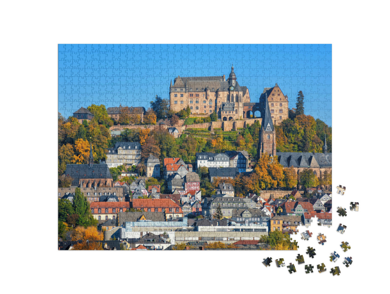 Puzzle 1000 Teile „Marburg an der Lahn: Landgrafenschloss und bunte Fachwerkhäuser“