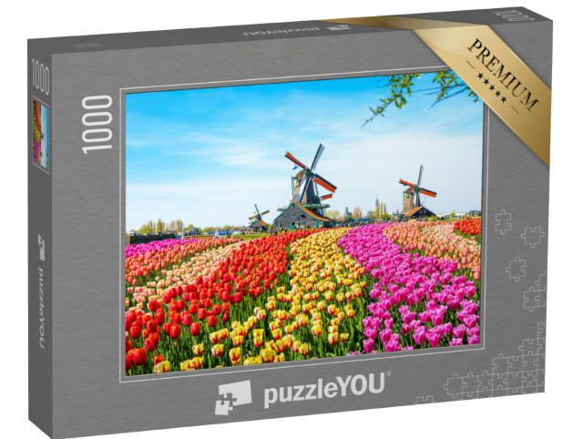 Puzzle 1000 Teile „Landschaft mit Tulpen und Windmühlen, Niederlande“