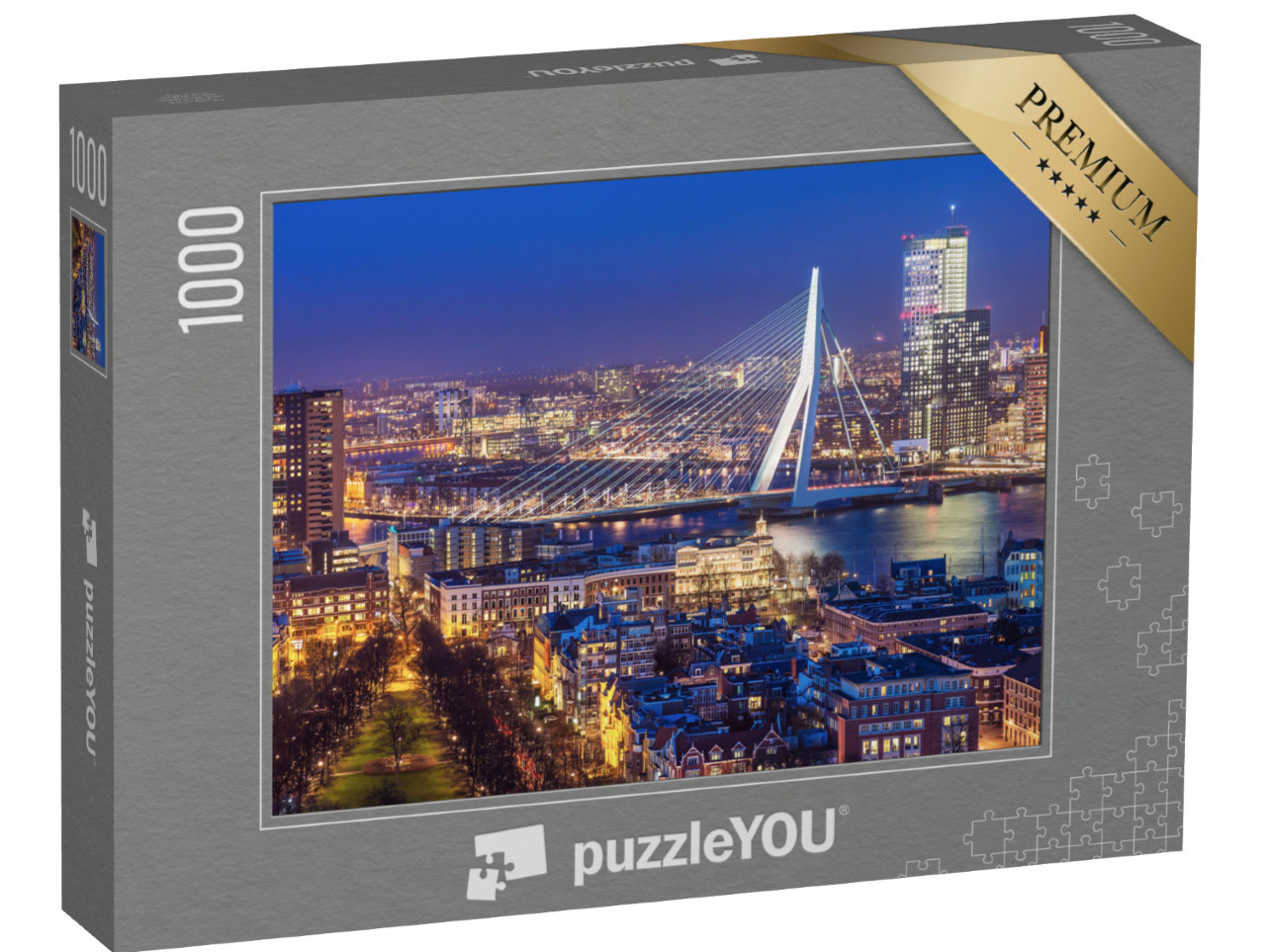 Puzzle 1000 Teile „Skyline von Rotterdam mit Erasmusbrücke, Niederlande“