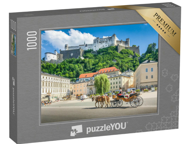Puzzle 1000 Teile „Panoramablick auf das historische Salzburg mit Fiaker-Kutsche“
