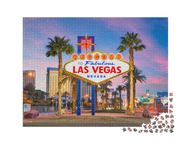 Puzzle 2000 Teile „Welcome to Las Vegas-Schild in der Abenddämmerung“