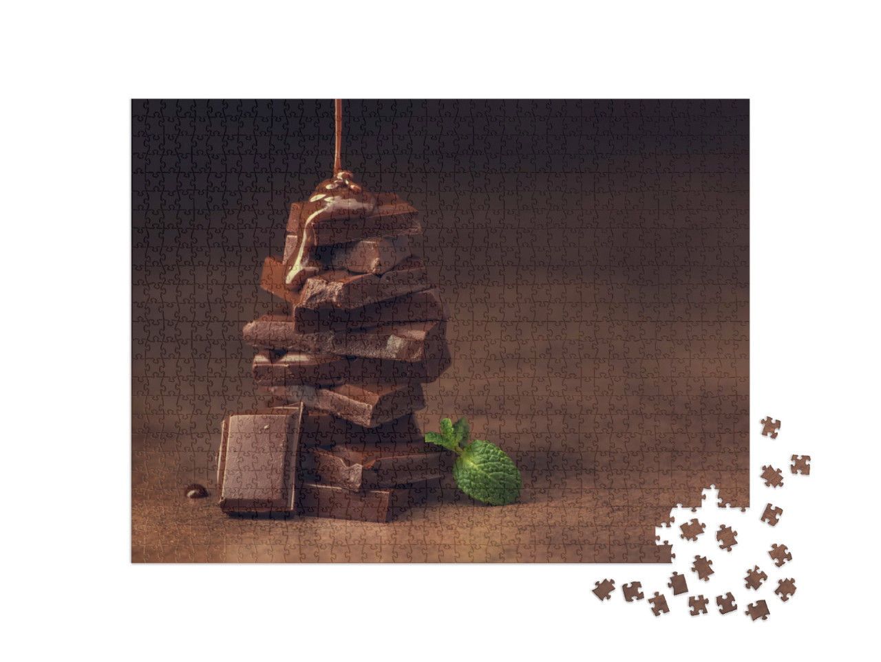 Puzzle 1000 Teile „Geschmolzene Schokolade über Schokostückchen“