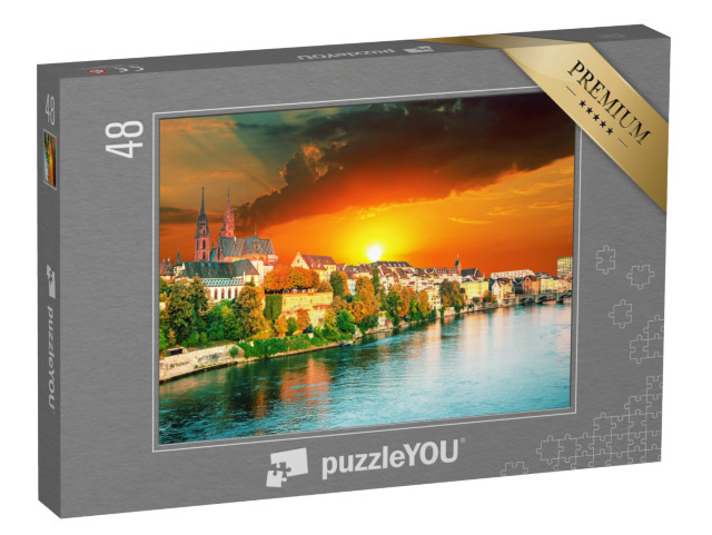 Puzzle 48 Teile „Sonnenuntergang über der Altstadt von Basel am Rhein, Schweiz“