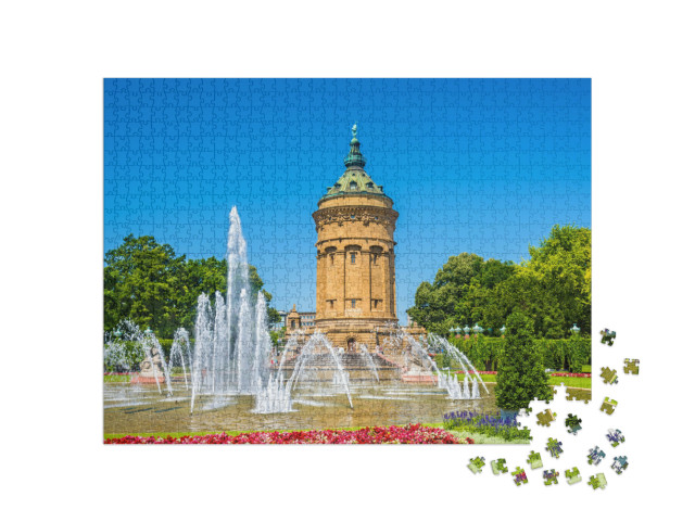Puzzle 1000 Teile „Springbrunnen und Wasserturm auf dem Friedrichsplatz, Mannheim“