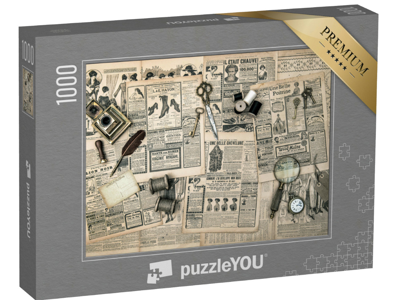 Puzzle 1000 Teile „Näh- und Schreibwerkzeuge auf alten Zeitungen“