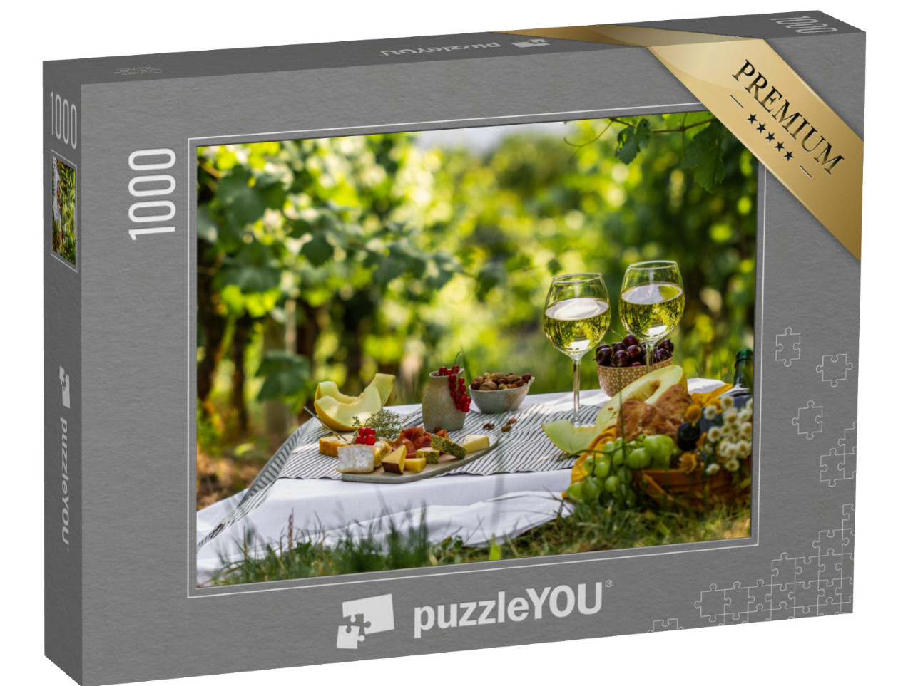 Puzzle 1000 Teile „Picknick mit Gläsern, Weißwein im Weinberg “