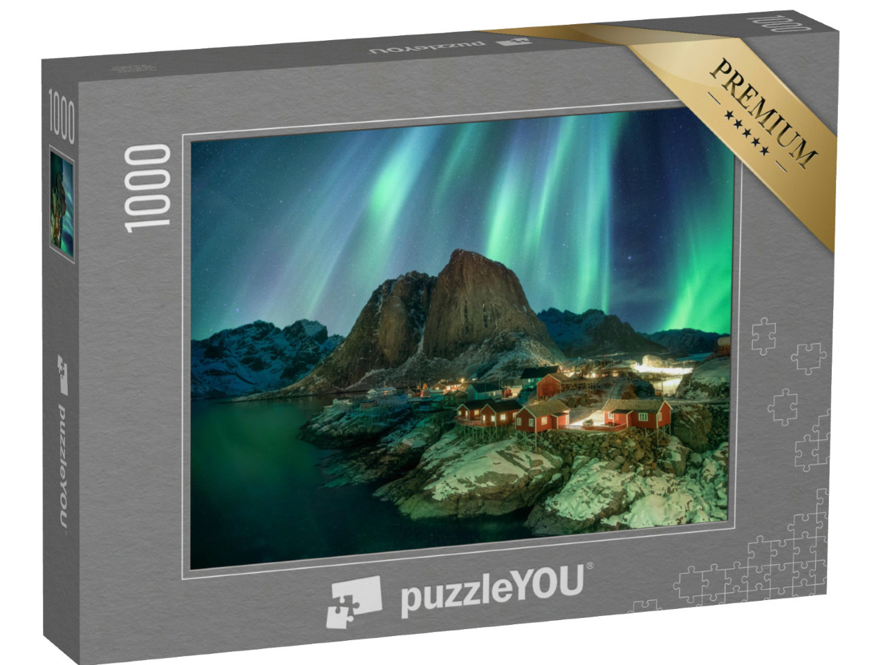 Puzzle 1000 Teile „Nordlicht über Fischerdorf mit Bergkette, Küste von Hamnøy, Norwegen“