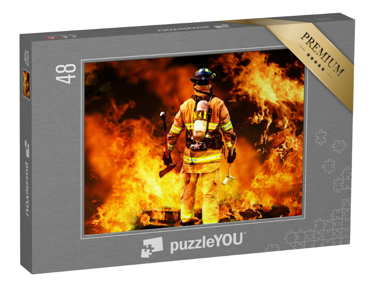 Puzzle 48 Teile „Feuerwehrmann im Feuer“