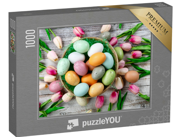 Puzzle 1000 Teile „Bunte Ostereier im Nest mit Tulpen“