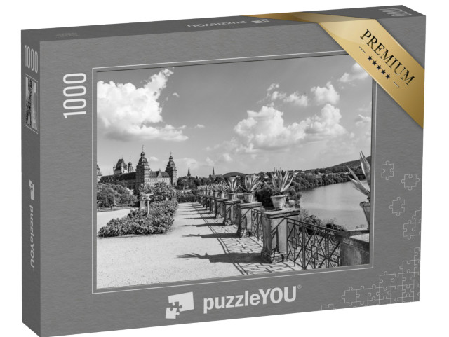 Puzzle 1000 Teile „Berühmtes Stadtschloss in Aschaffenburg, Deutschland, schwarz-weiß“