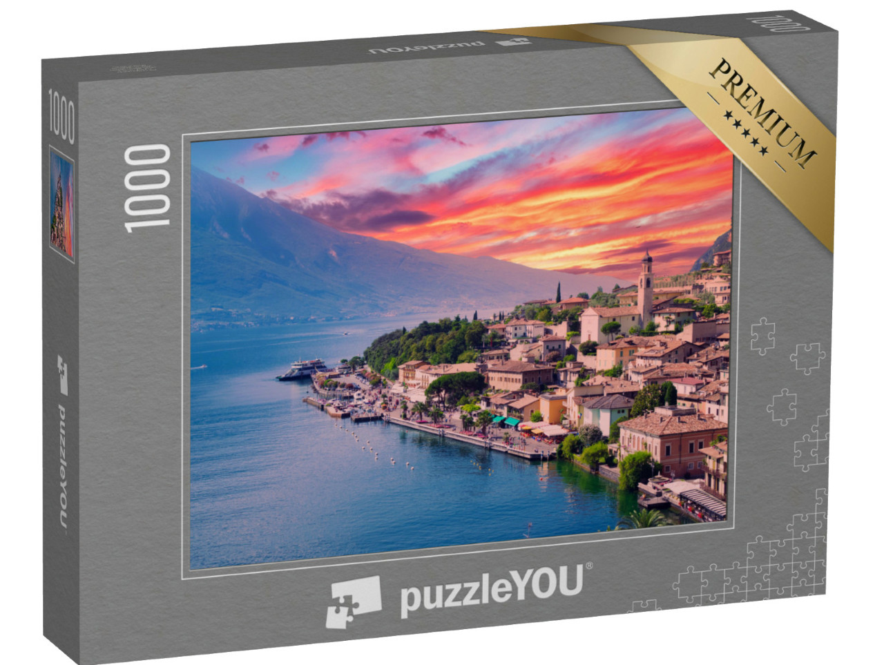 Puzzle 1000 Teile „Limone sul Garda im glühenden Sonnenuntergang, Italien“