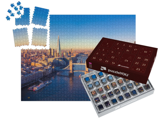 Puzzle-Adventskalender „Luftbild-Panoramablick auf London und die Themse, England“